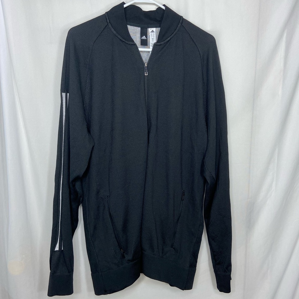 NWOT Adidas men’s black white striped ID knit bomber jacket zip pocket large